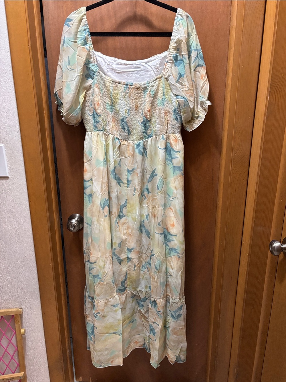 Smocked Puff-Sleeve Floral Maxi Dress in Pastel Yellow and Blue - Picture 2 of 3